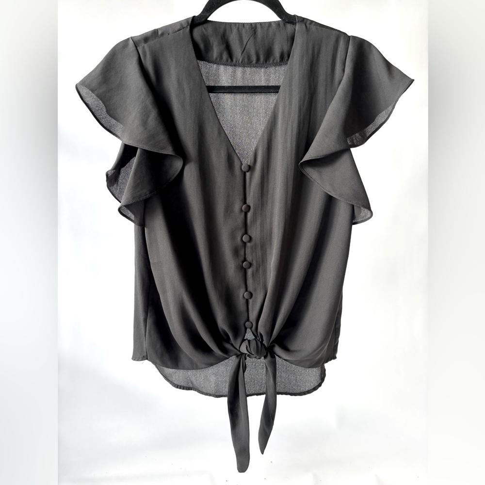 Nordstrom • Black Ruffle Sleeve Tie Front Button Blouse